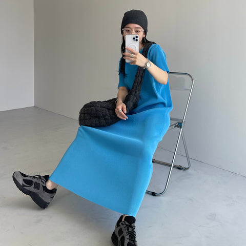daily daily super stretch crew neck pleats one piece / blue [半袖 FREE or LONG]