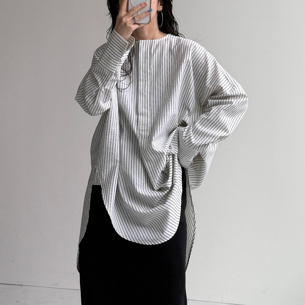 over size no collar seersucker shirt / stripe