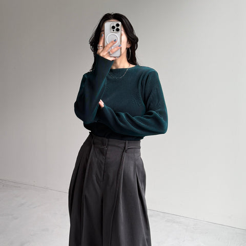 daily daily super stretch pleats tops / dark green [プチハイ or クルーネック]