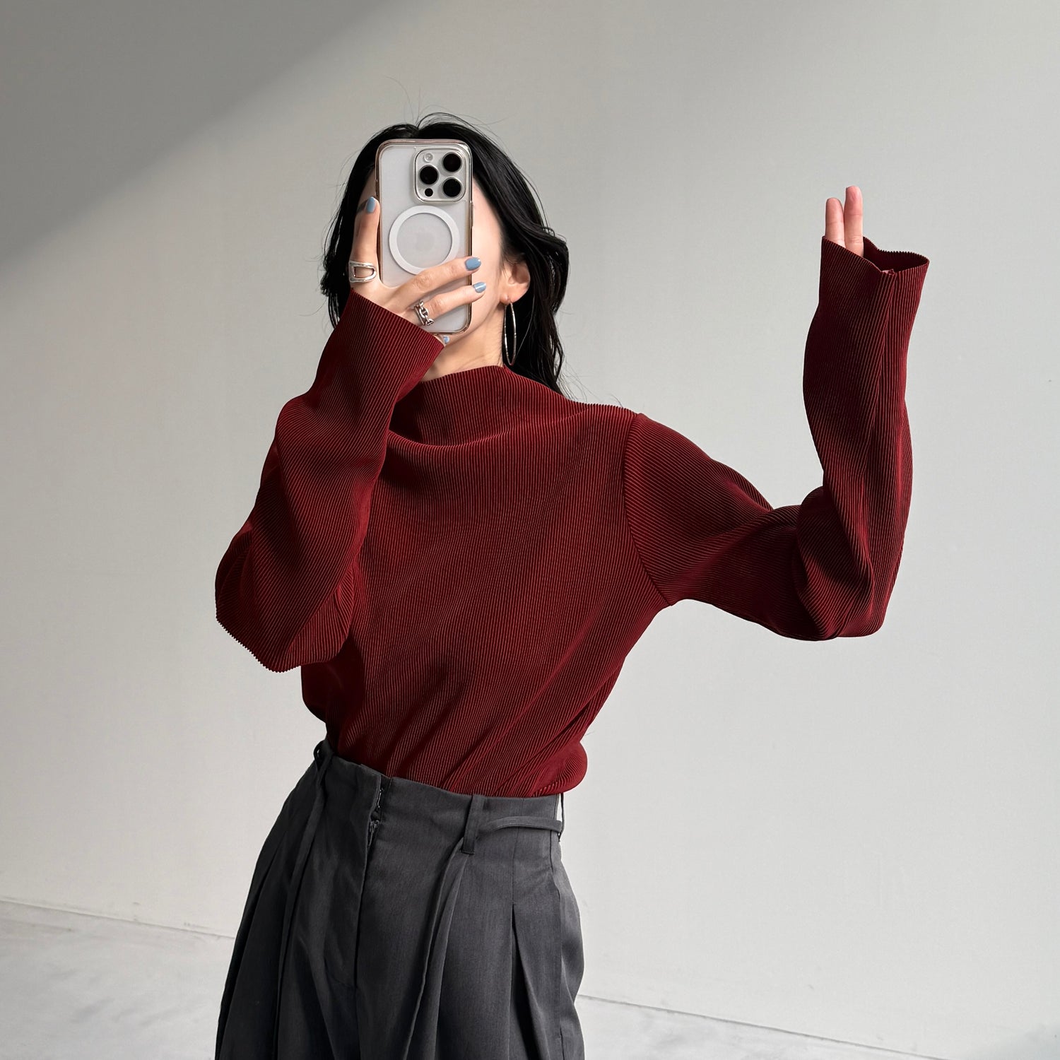 daily daily super stretch pleats tops / bordeaux [プチハイ or クルーネック]