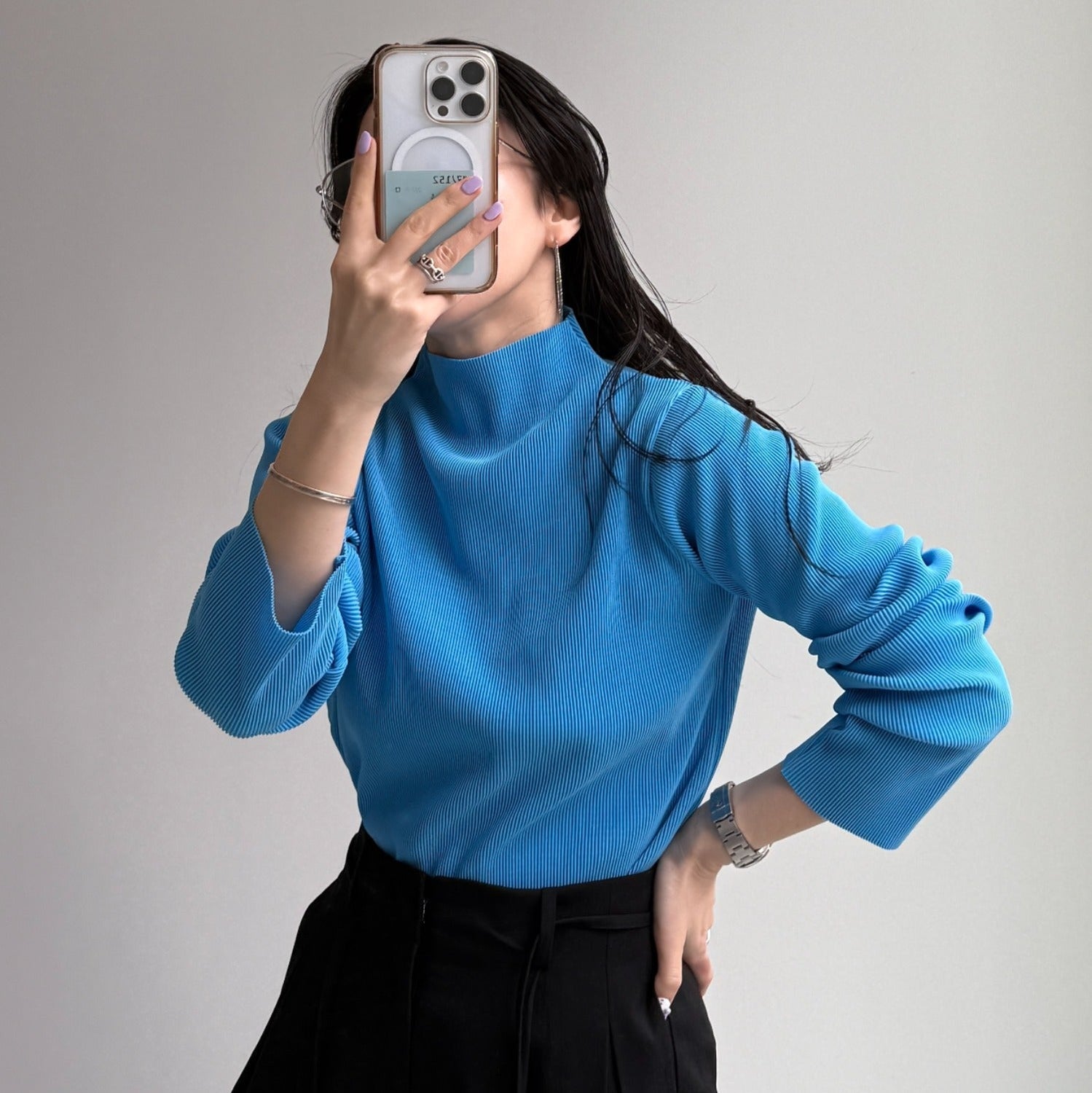 daily daily super stretch pleats tops / blue [プチハイ or クルーネック]