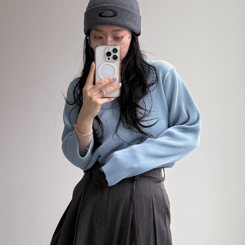 daily daily super stretch pleats tops / light blue [プチハイ or クルーネック]