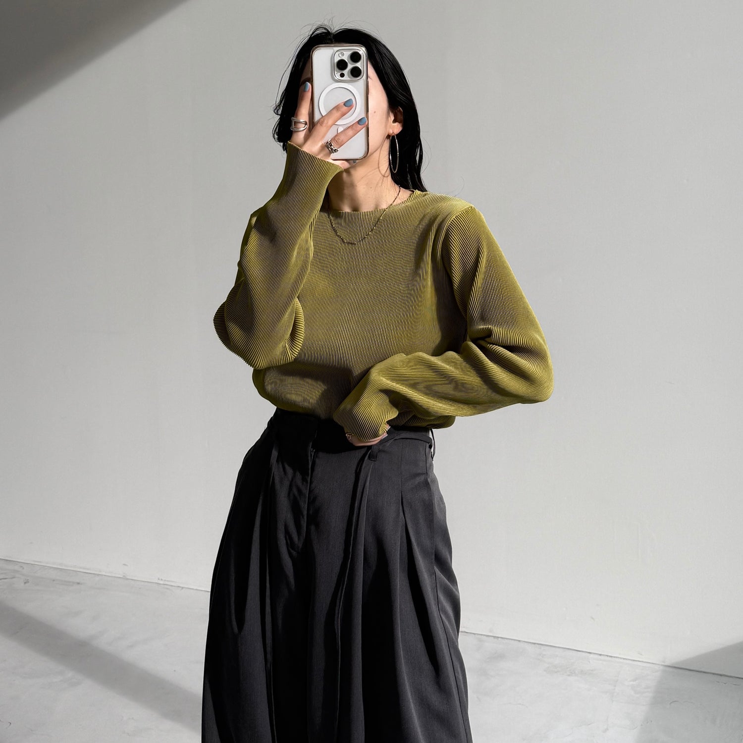 daily daily super stretch pleats tops / lime [プチハイ or クルーネック]