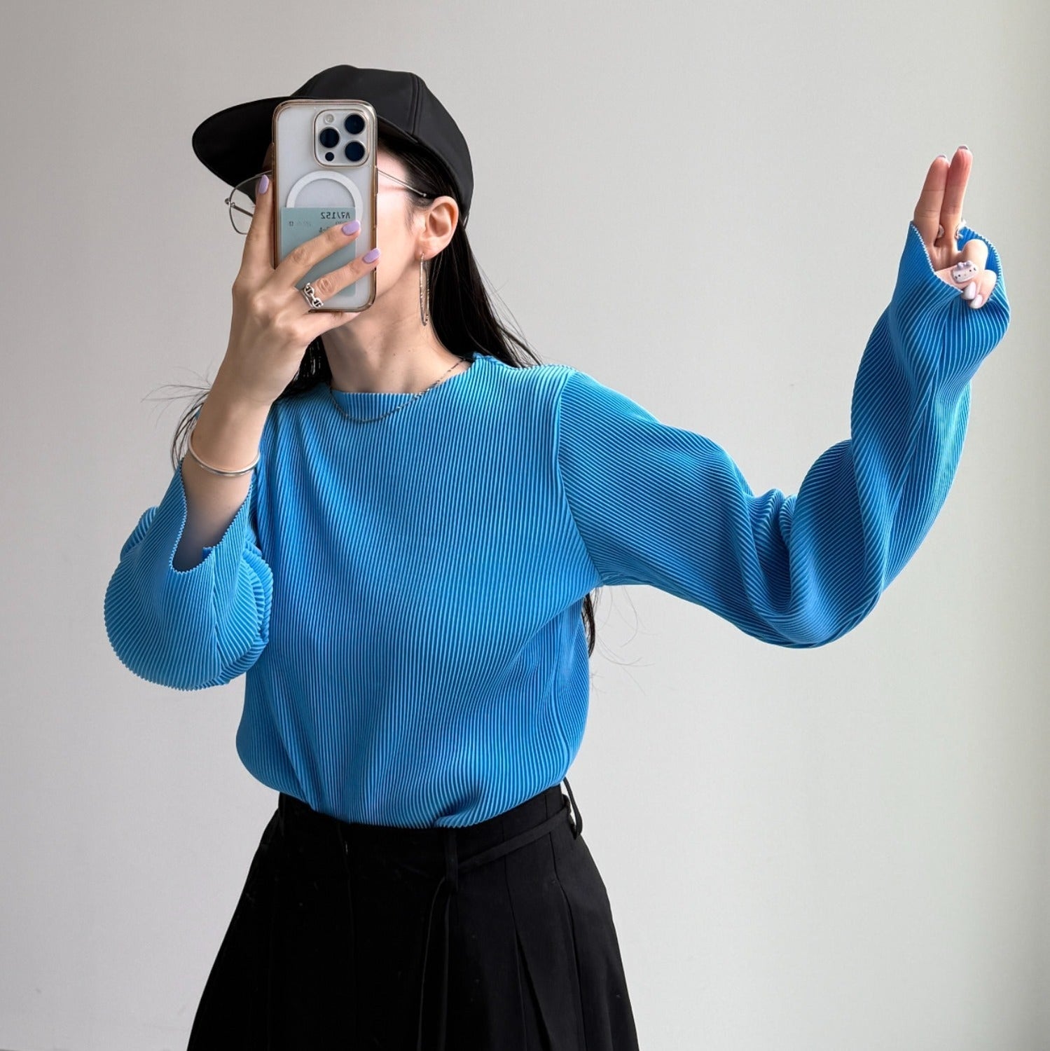 daily daily super stretch pleats tops / blue [プチハイ or クルーネック]
