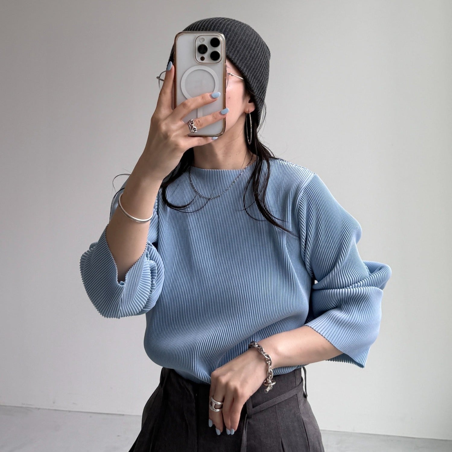 daily daily super stretch pleats tops / light blue [プチハイ or クルーネック]