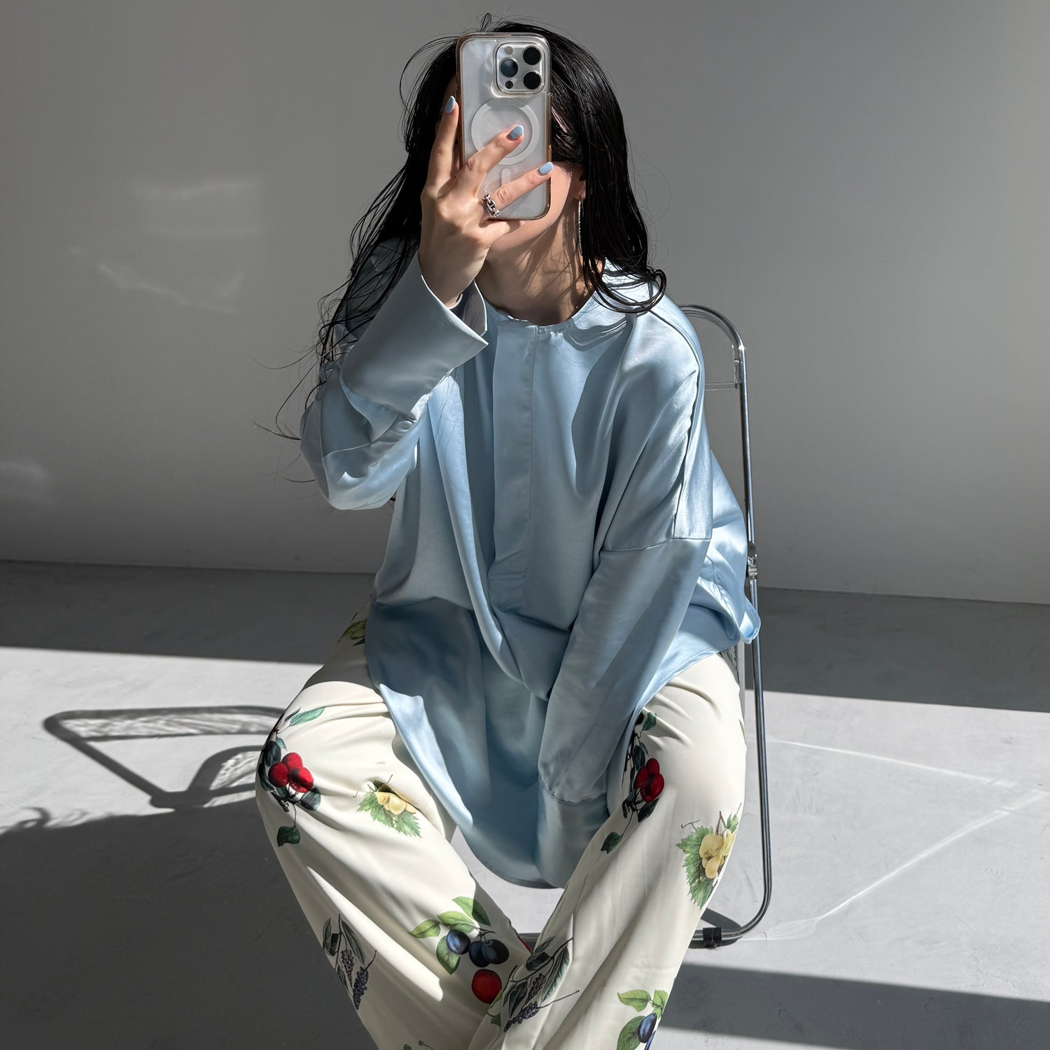 over size no collar mannish satin shirt / light blue