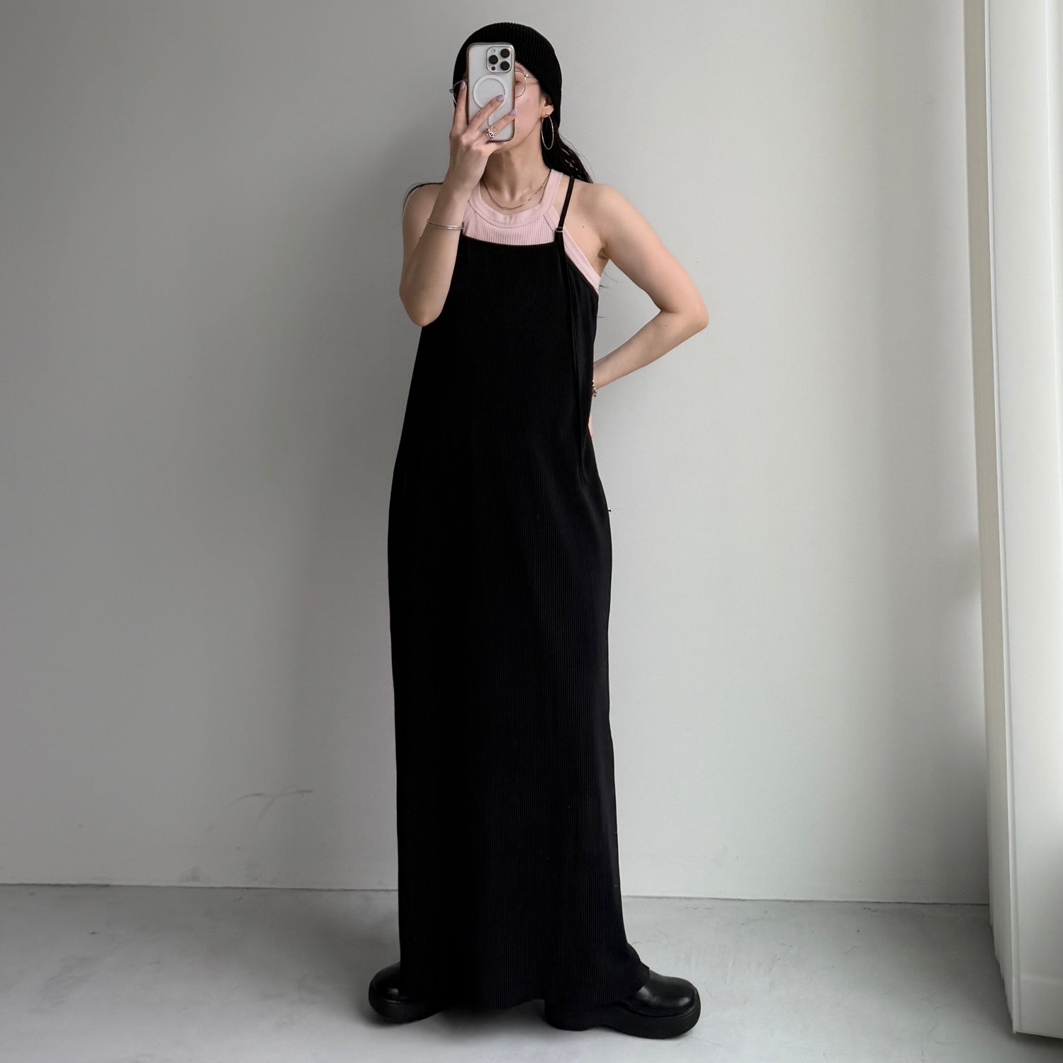 daily daily super stretch pleats cami one piece / black [FREE or LONG]