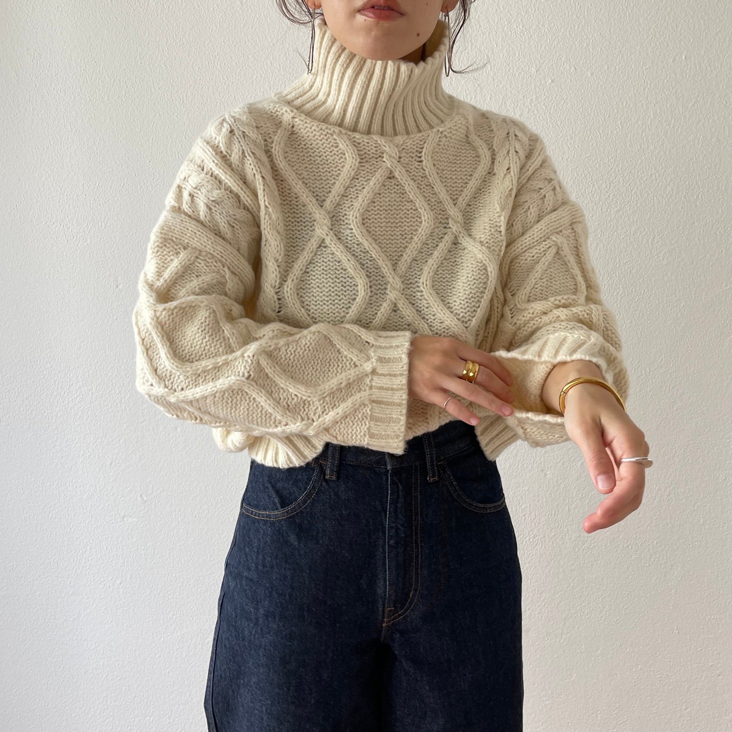 turtle neck cable knit set up / ivory （タートルネックケーブル