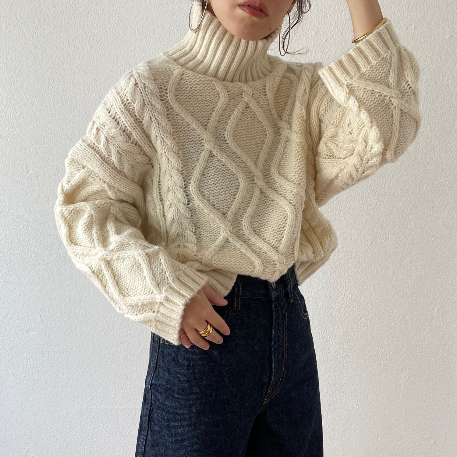 turtle neck cable knit set up / ivory （タートルネックケーブル