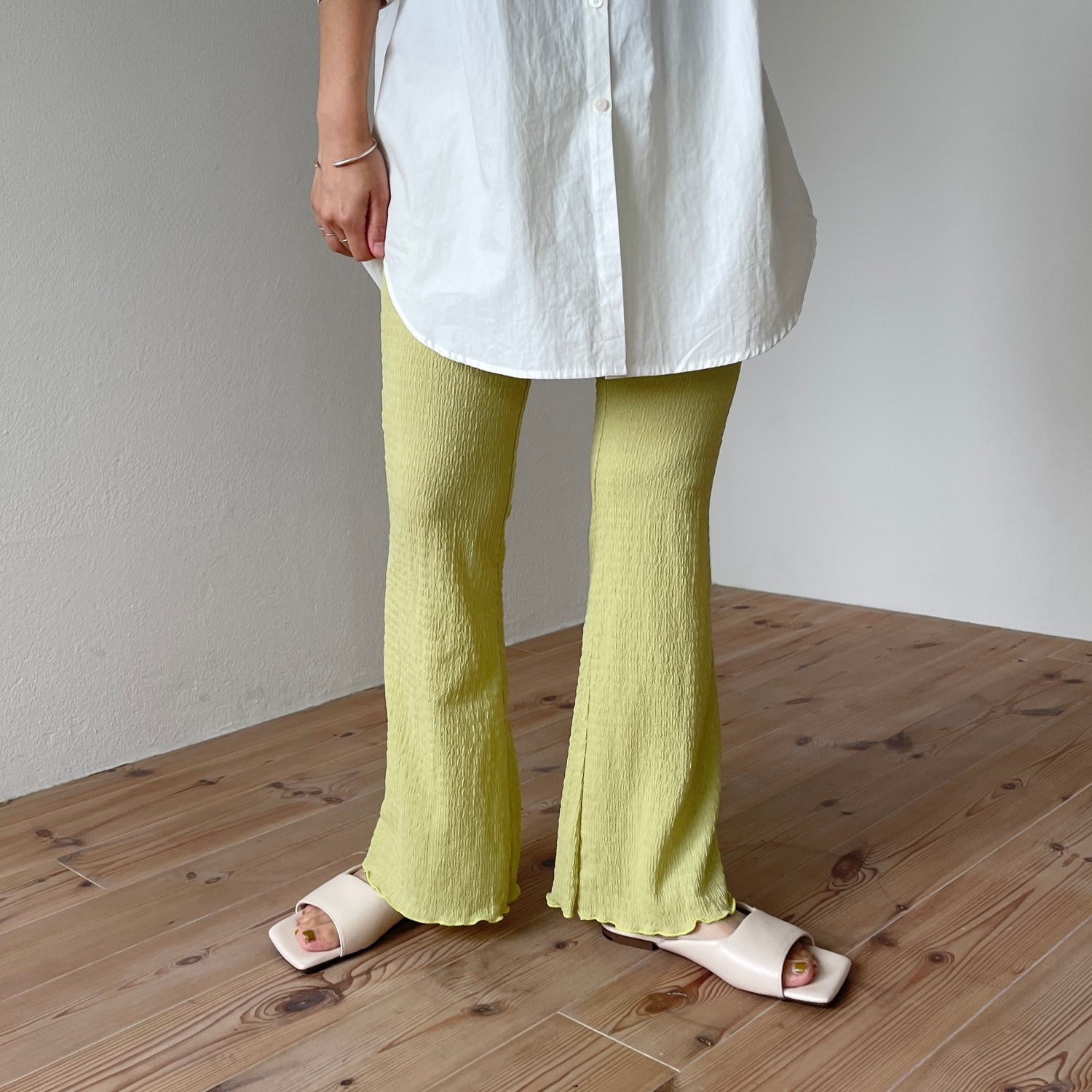 soft flare shirring leggings pants / clear green （ソフトフレア