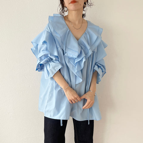 big collar frill blouse / sky blue （ビッグカラーフリルブラウス 