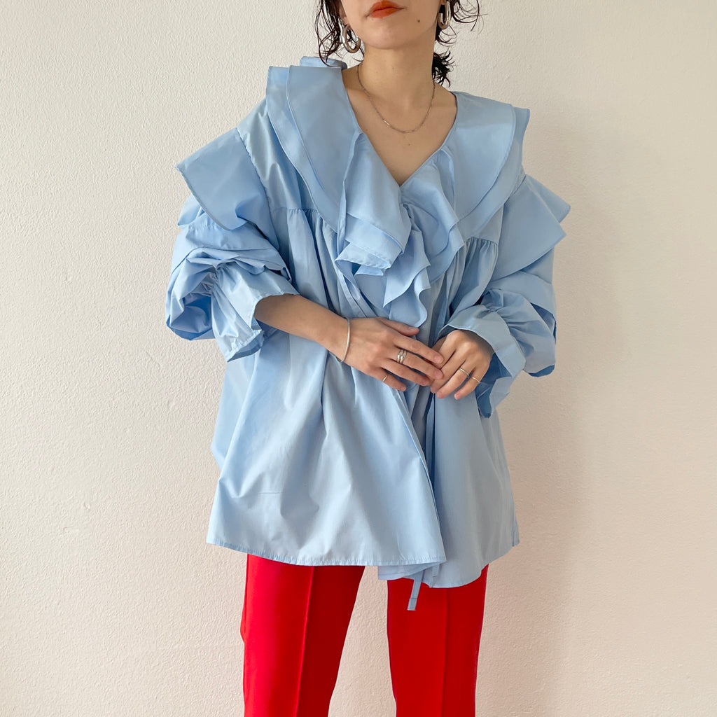 big collar frill blouse / sky blue （ビッグカラーフリルブラウス 