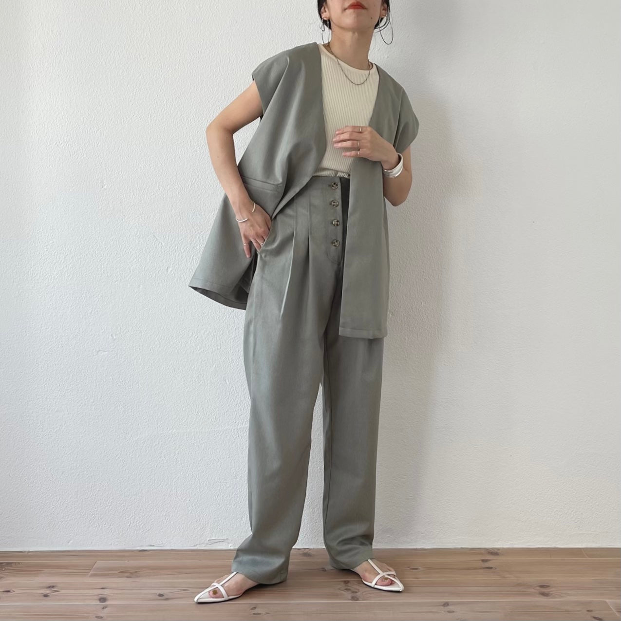 front button double tuck pants / mint