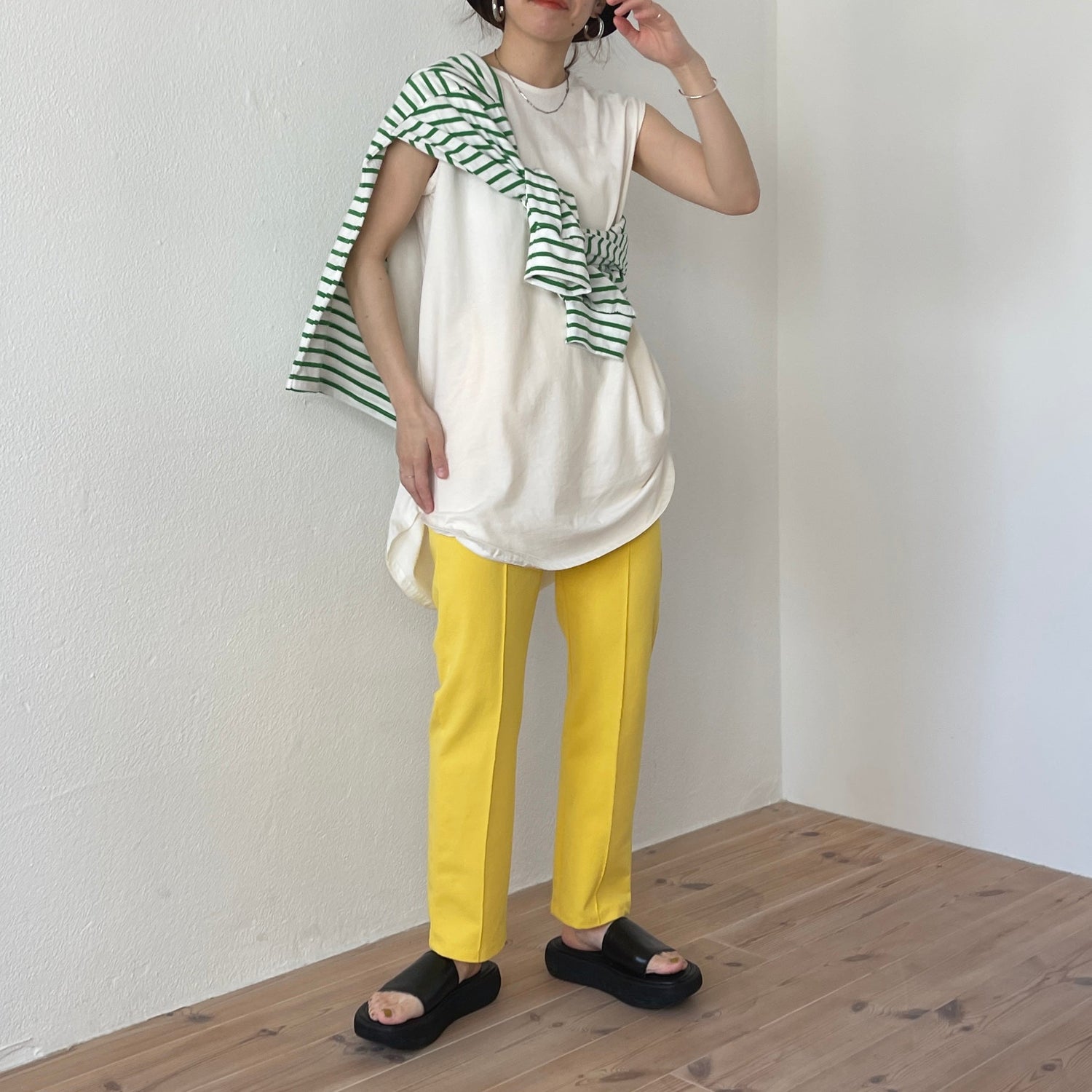 【SAMPLE】loose silhouette over size border tee / green