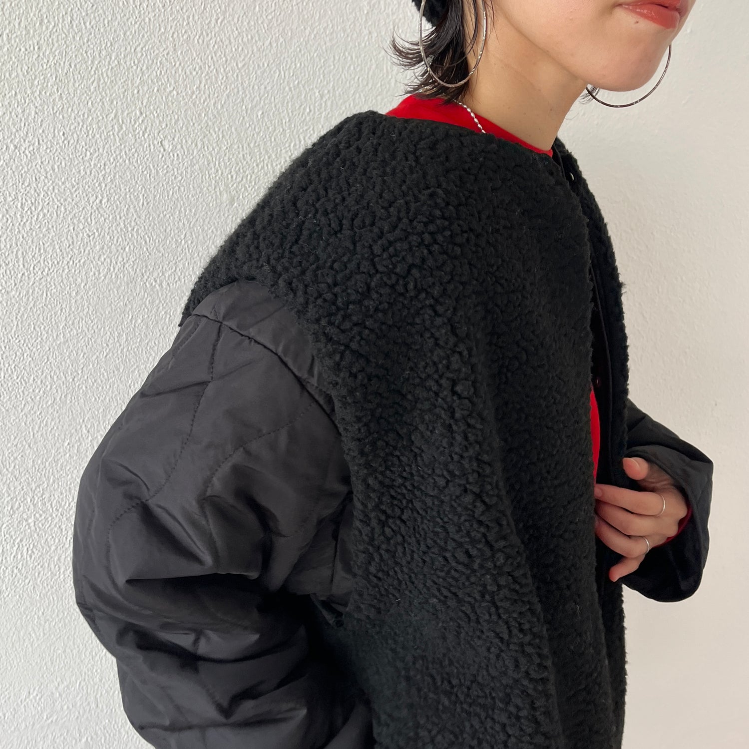 【2点SET】quilting liner coat + boa vest set / black