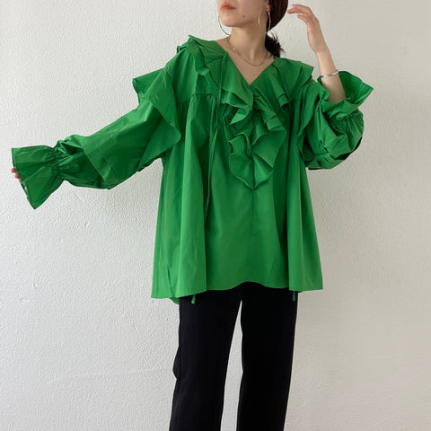 【SAMPLE】big collar frill blouse / green