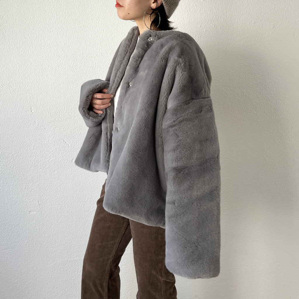 over size no collar fur coat / gray （オーバーサイズノーカラーファー