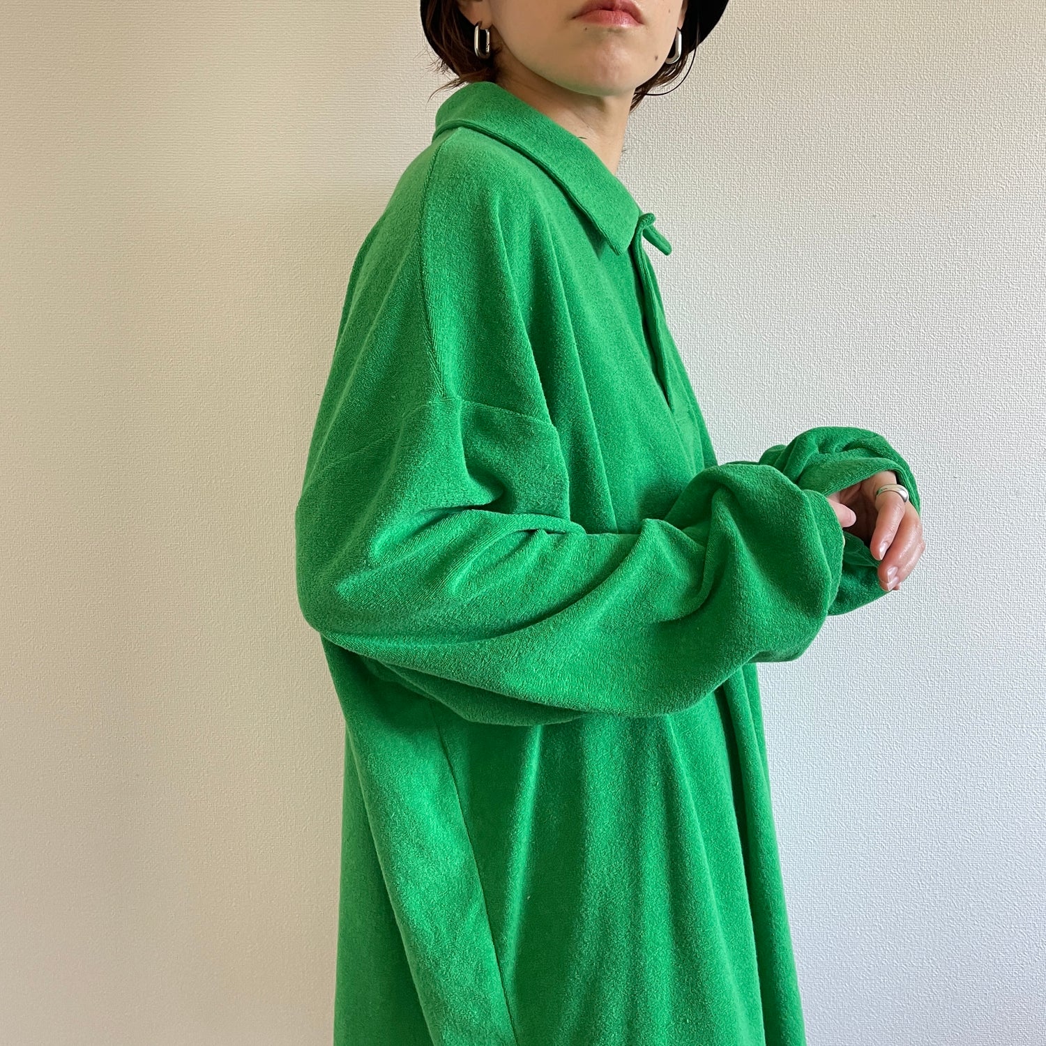 over size polo design pile tops / green （オーバーサイズポロ 