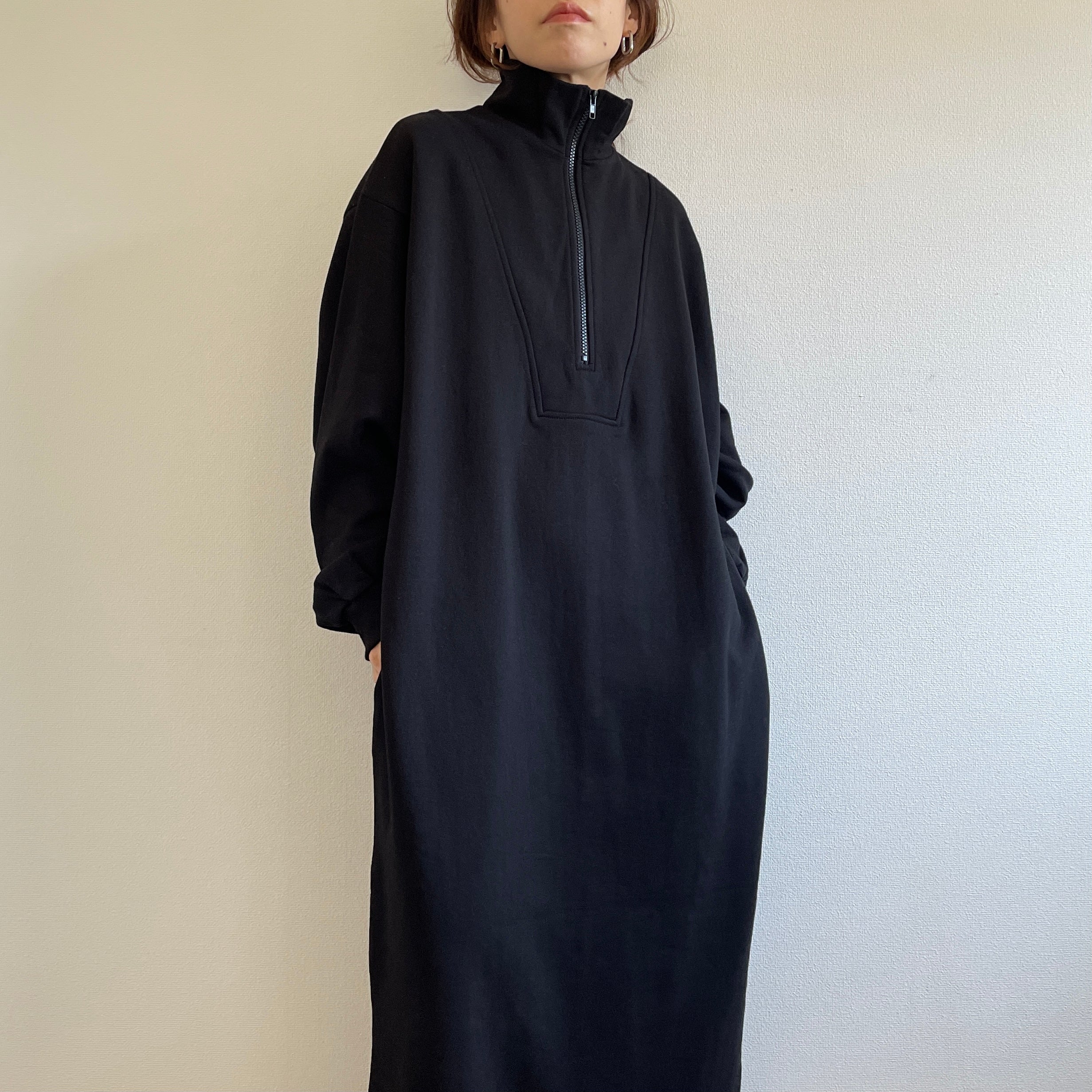 high neck half zip up sweat one piece / black [3size