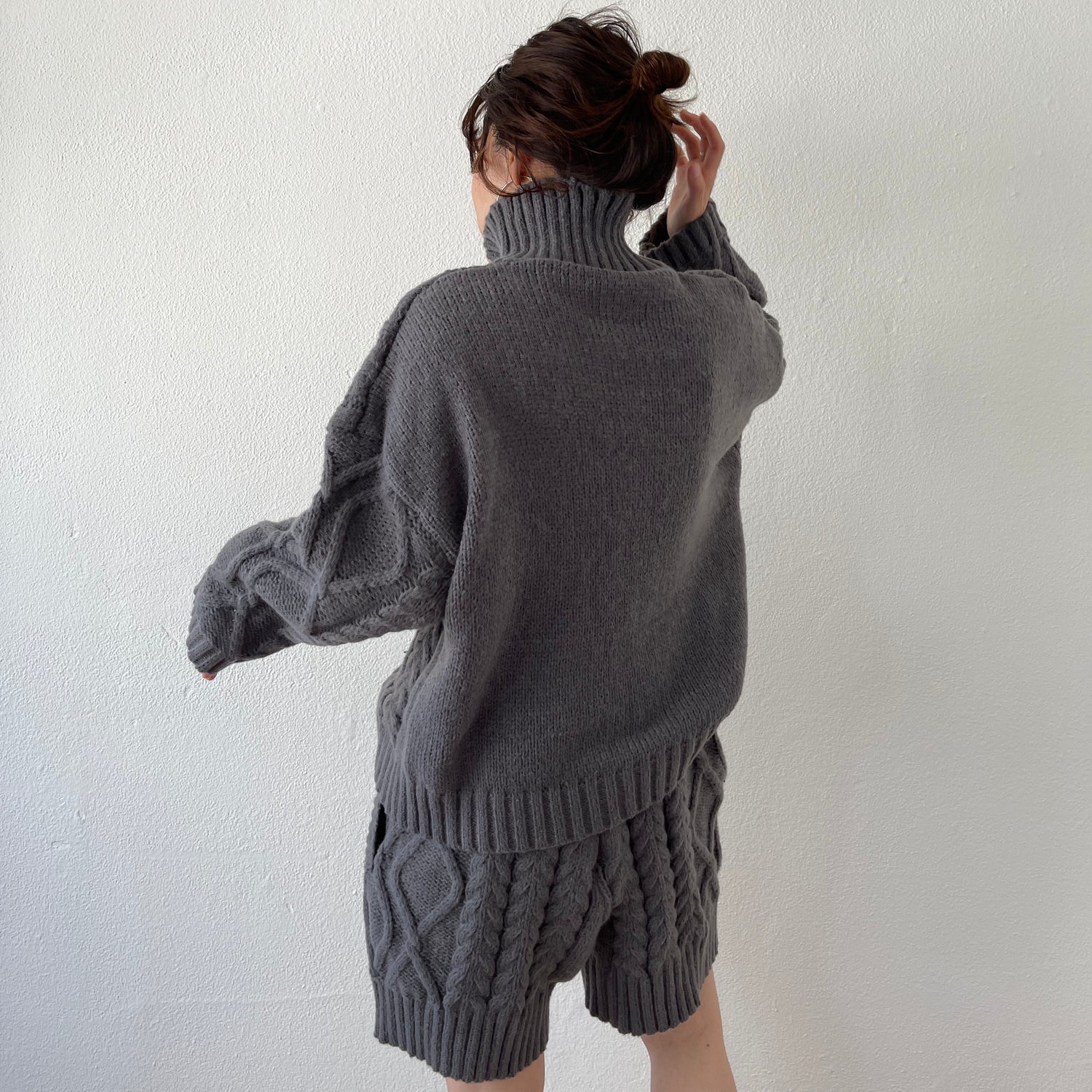 turtle neck cable knit set up / gray （タートルネックケーブル 