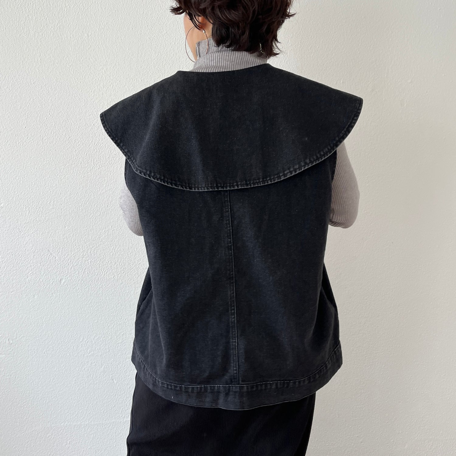 ZOZOTOWN】vintage like big collar denim vest / black | wee9s 