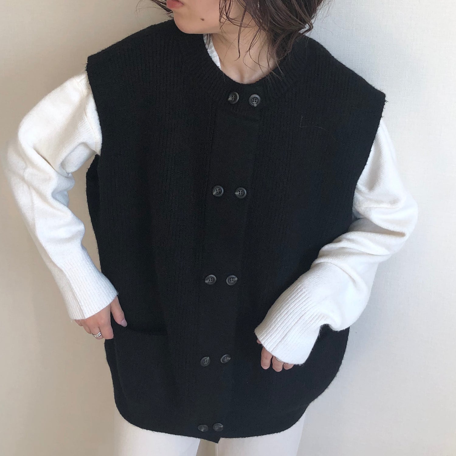 double button knit vest / black